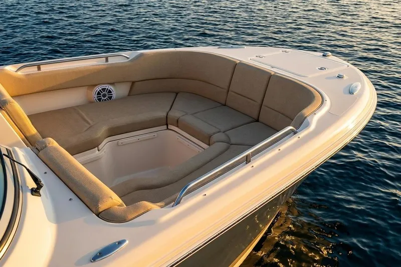 Slide: The Image of 2019 Boston Whaler 320 Vantage boat with spacious seating on calm water. - 35
