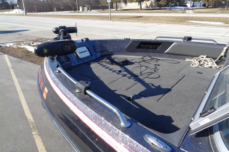 Slide: The Image of 2014 Ranger 1850 LS boat deck with trolling motor and equipment. - 9