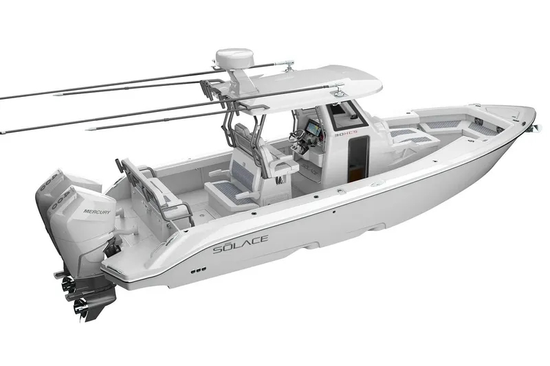 Slide: The Image of Manufacturer Provided Image: 2026 Solace 30 HCS boat with dual Mercury engines, sleek design, and advanced features. - 12