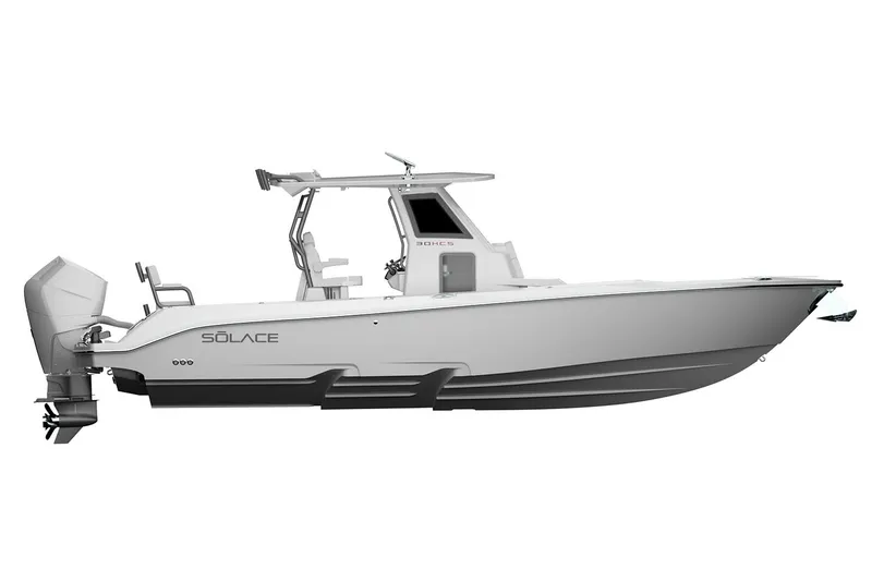 Slide: The Image of Manufacturer Provided Image: 2026 Solace 30 HCS boat, sleek design, side view, outboard motor, modern features. - 13