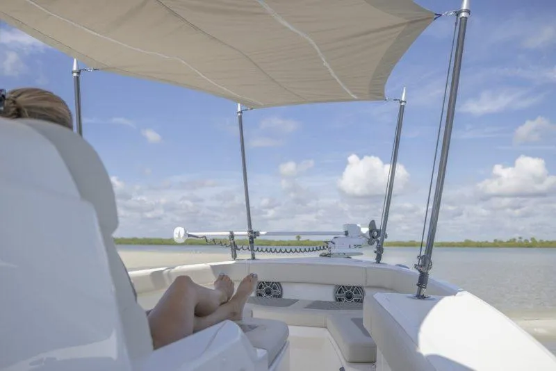 Slide: The Image of Manufacturer Provided Image: 2026 Solace 30 HCS boat with canopy, person relaxing, scenic water view. - 4