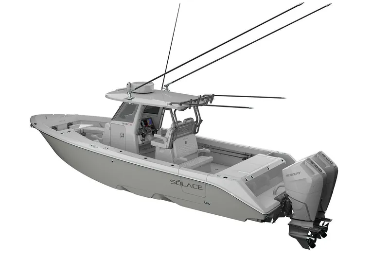 Slide: The Image of Manufacturer Provided Image: 2026 Solace 30 CS boat with dual Mercury engines, sleek design, and advanced fishing features. - 11