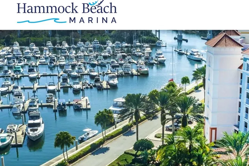 Slide: The Image of Aerial view of Hammock Beach Marina with numerous boats docked, including a 2007 Sea Ray 52 Sedan Bridge. - 49