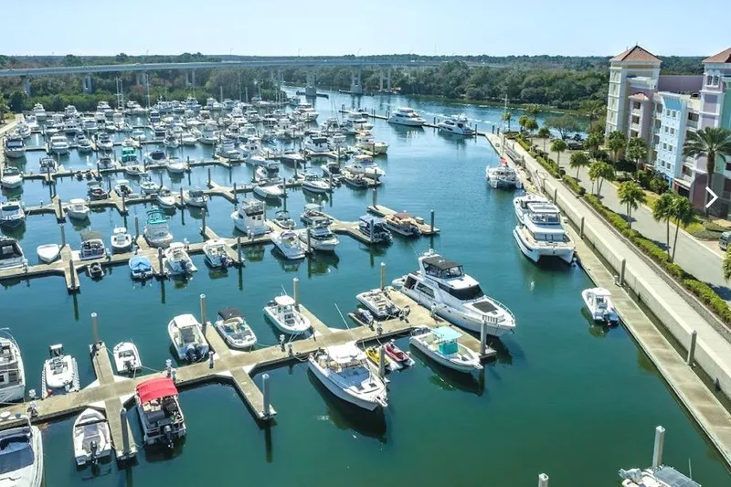 Slide: The Image of Marina with numerous boats, including a 2007 Sea Ray 52 Sedan Bridge, docked in calm waters. - 50