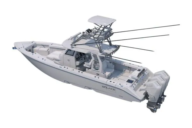 Slide: The Image of Manufacturer Provided Image: 2026 Solace 37 CS boat with triple outboard engines and advanced fishing tower. - 12