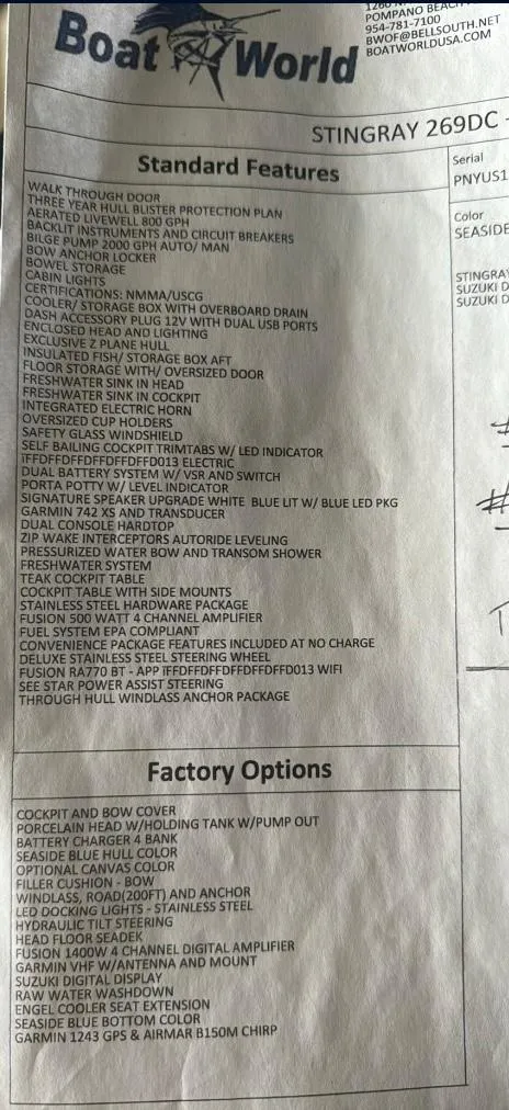 Slide: The Image of Boat World Stingray 269 DC 2022 features and options list, including cockpit and bow cover. - 56