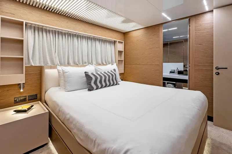 Slide: The Image of Luxurious bedroom interior of 2020 Ferretti Yachts 920, featuring modern design and elegant furnishings. - 46