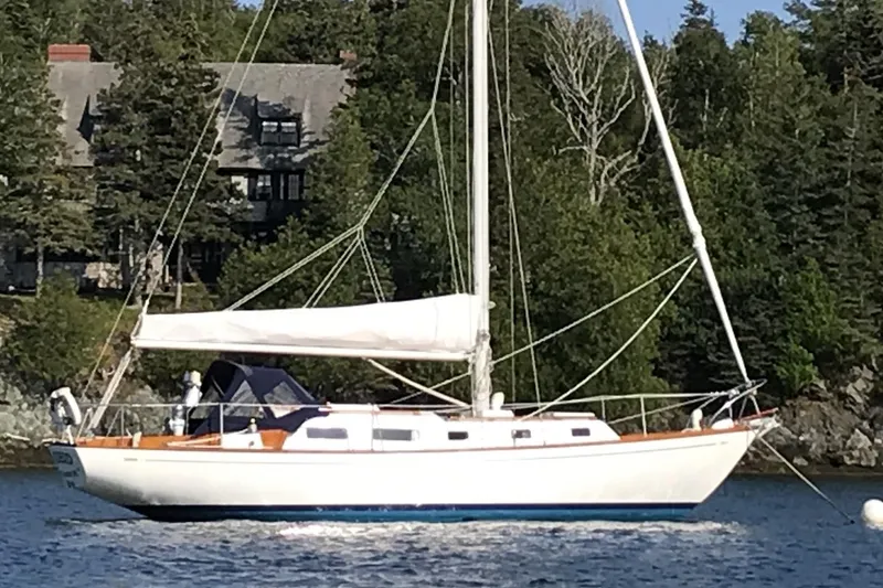 Slide: The Image of 1971 Luders 33 sailboat on calm water, surrounded by lush greenery. - 17