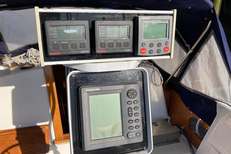 Slide: The Image of Navigation instruments on a 1971 Luders 33 sailboat cockpit, featuring depth and speed displays. - 9