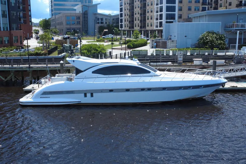 The Image of 2010 Mangusta 72 Express yacht docked in urban marina setting. - 0