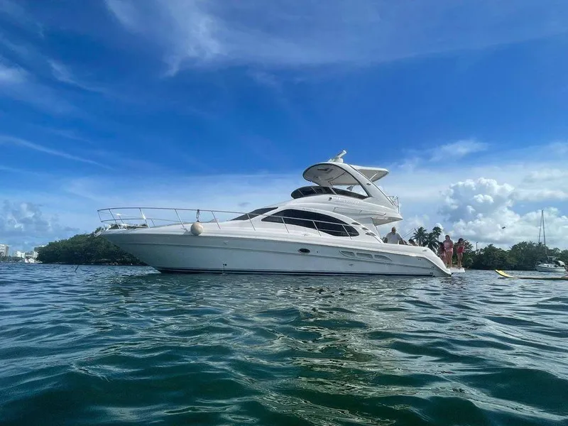 The Image of 2008 Sea Ray 44 Sedan Bridge yacht on calm water under blue sky. - 0