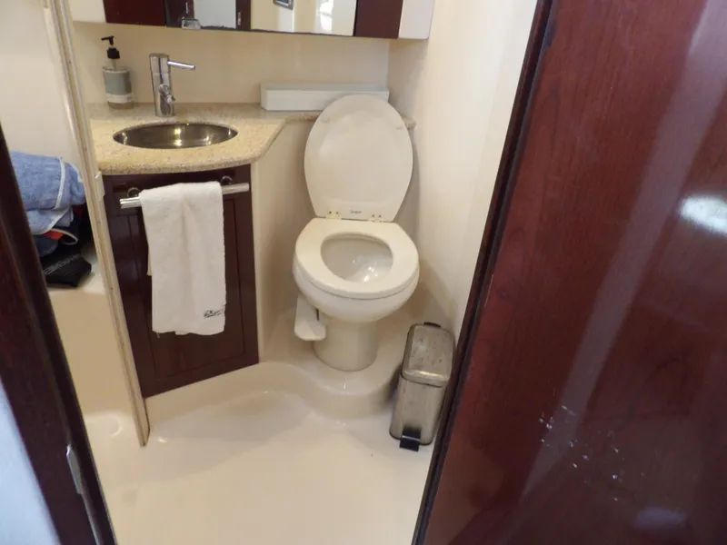 Slide: The Image of 2008 Sea Ray 44 Sedan Bridge bathroom with sink, toilet, and towel. - 43