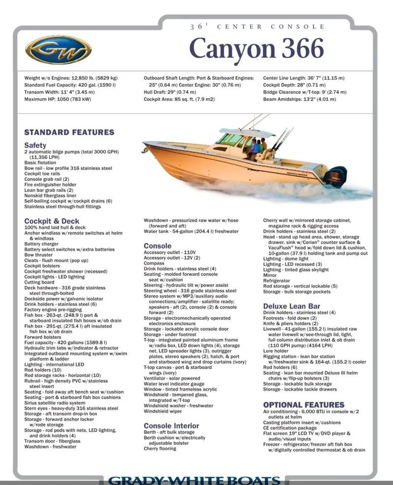 Slide: The Image of 2012 Grady-White Canyon 366 boat brochure with features and specifications. - 45