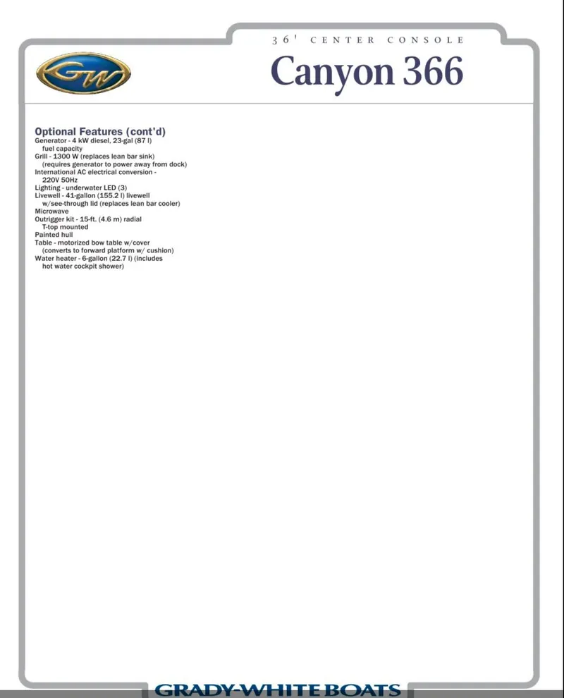 Slide: The Image of Grady-White Canyon 366, 2012 model, optional features list on a brochure page. - 46