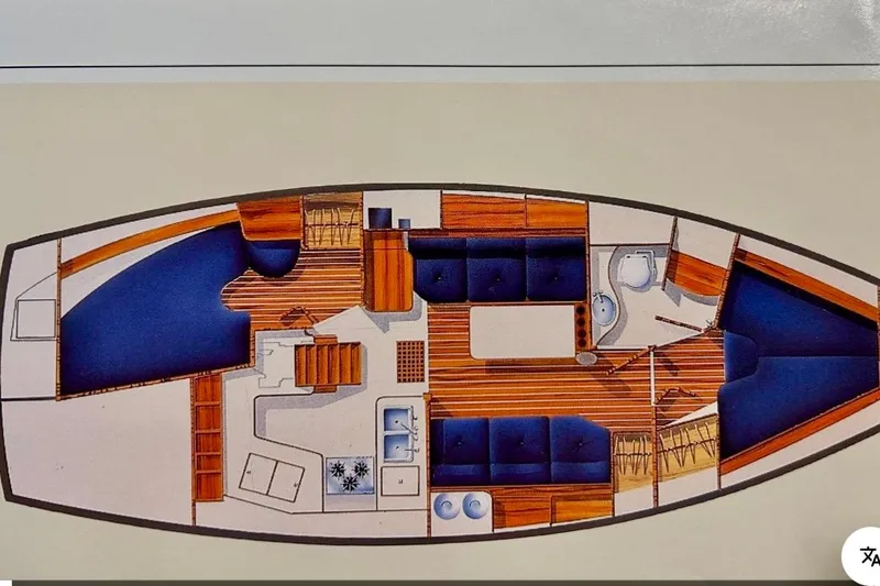 Slide: The Image of 1989 Island Packet Cutter interior layout with cabins, galley, and seating areas. - 2