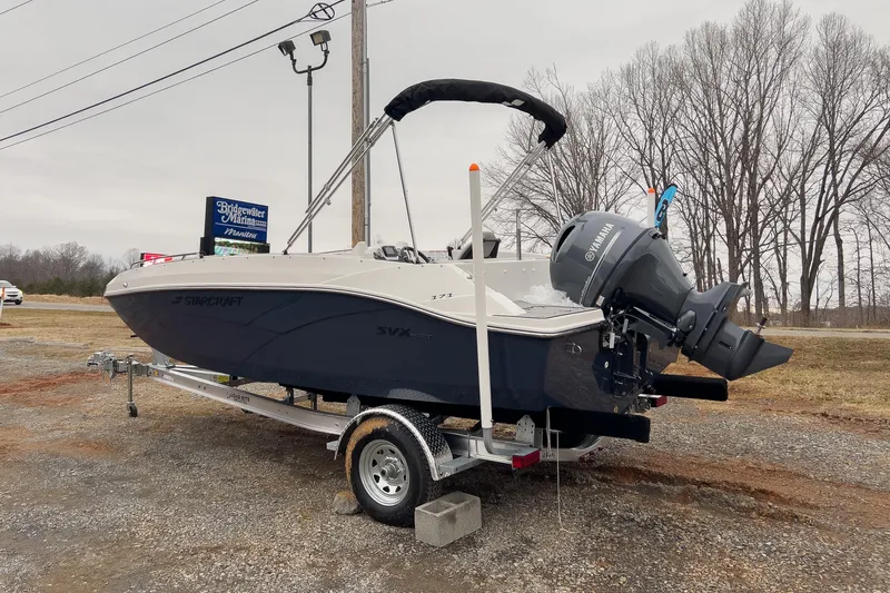 Slide: The Image of 2026 Starcraft SVX 171 OB boat on trailer with Yamaha outboard motor. - 2