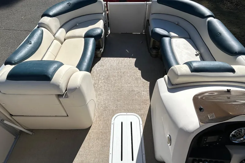 Slide: The Image of 2020 Tahoe Pontoon Cascade Platinum Quad Lounger 23' interior with plush seating. - 17