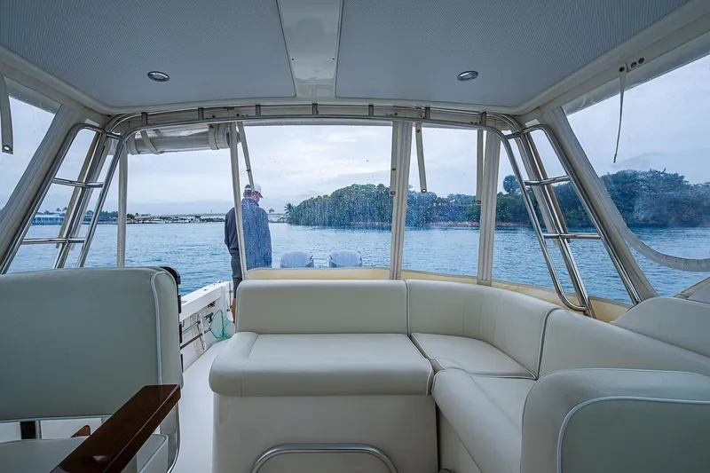 Slide: The Image of Interior view of 2019 Hunt Yachts Surfhunter 32 with scenic water backdrop. - 28
