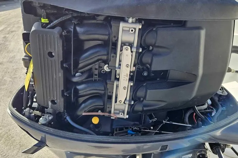 Slide: The Image of 2018 NauticStar 25 XS outboard engine, detailed view of internal components. - 14