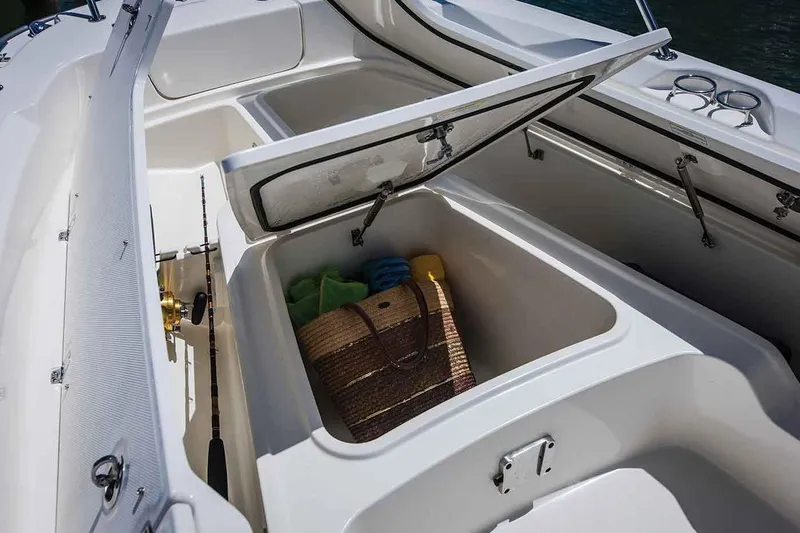 Slide: The Image of Manufacturer Provided Image: 2018 Boston Whaler 240 Dauntless boat storage compartments with fishing gear and accessories. - 13