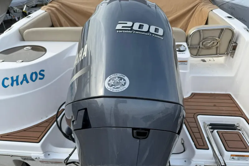 Slide: The Image of 2019 Sea Fox 226 Traveler boat with Yamaha 200 engine, featuring teak flooring. - 3