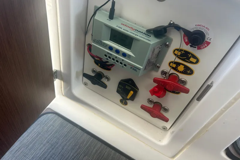 Slide: The Image of Electrical panel with solar charge controller on 2022 Beneteau Antares 9 boat. - 37