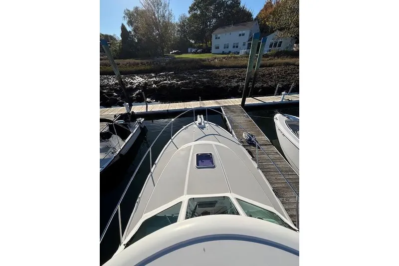 Slide: The Image of 2018 Back Cove 30 boat docked at marina, viewed from above. - 47
