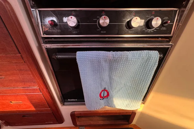 Slide: The Image of Boat kitchen with Princess stove, blue towel, Catalina 42, 1989 model. - 38
