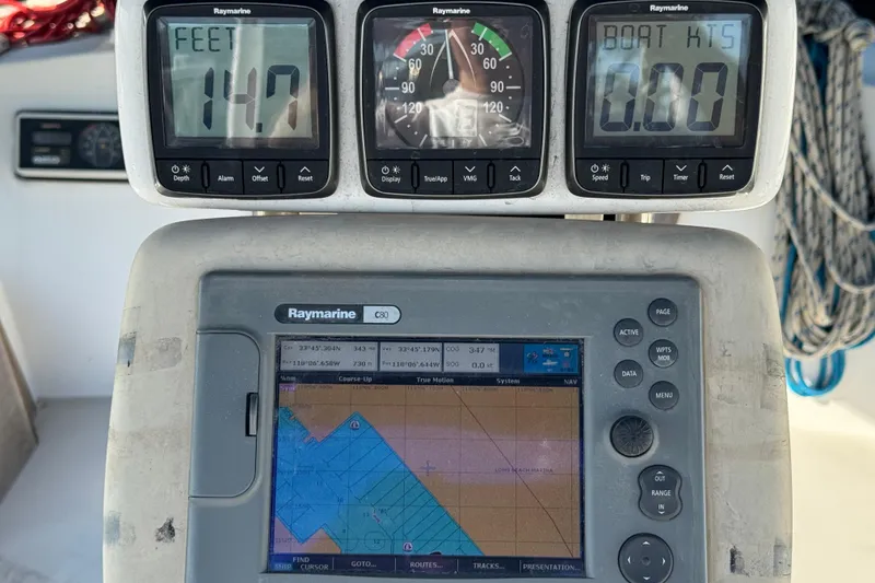 Slide: The Image of Catalina 42 (1989) sailboat navigation instruments displaying depth, wind, and GPS data. - 6