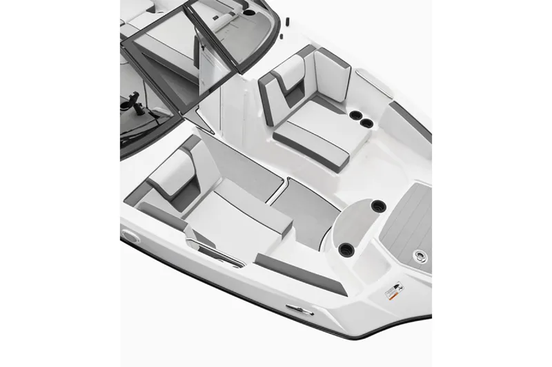 Slide: The Image of 2025 Yamaha Boats AR220 interior seating with gray and white upholstery. - 3