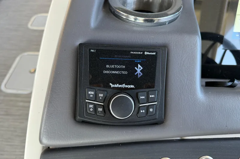 Slide: The Image of Boat dashboard with Rockford Fosgate Bluetooth stereo, displaying "Bluetooth Disconnected." - 14