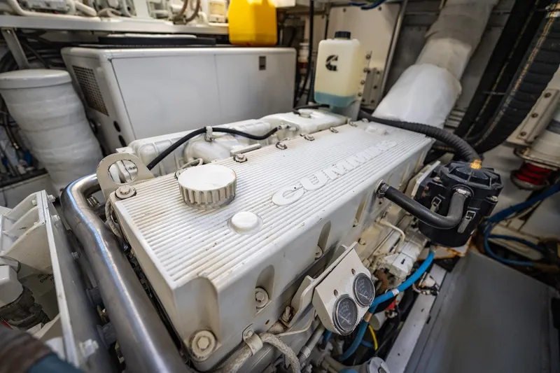 Slide: The Image of Engine room of a 1972 Trumpy 72 Motor Yacht featuring a Cummins engine. - 43