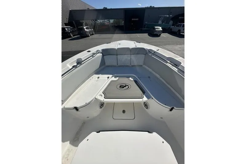 Slide: The Image of 2022 Sea Fox 288 Commander boat interior with seating and storage compartments. - 3