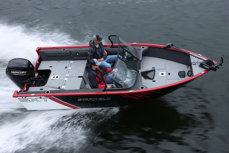 Slide: The Image of Manufacturer Provided Image: 2025 Starweld 16 SXT boat cruising on water with Mercury engine. - 1