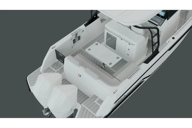 Slide: The Image of 2026 Wellcraft 28 T-Top boat interior with dual engines and sleek seating arrangement. - 2