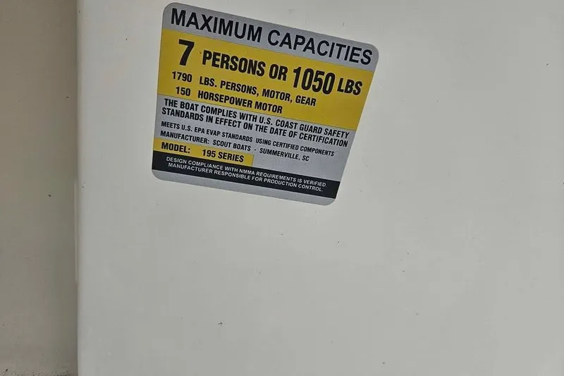 Slide: The Image of Maximum capacity label on 2017 Scout 195 Sportfish boat, 7 persons or 1050 lbs. - 10
