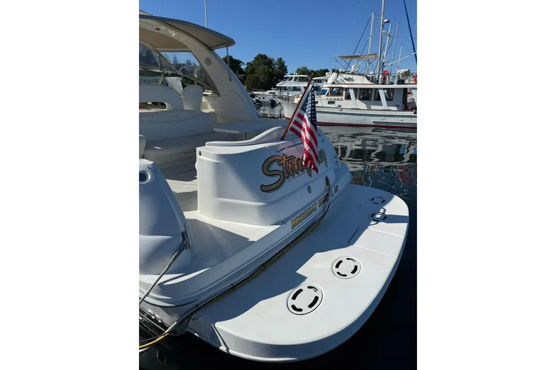 Slide: The Image of 2000 Sea Ray 410 Express Cruiser docked, featuring American flag and sleek design. - 8