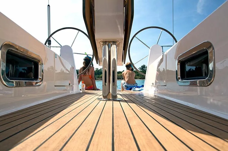 Slide: The Image of Close-up of Bavaria Cruiser 41 sailboat rigging, 2016 model, docked on calm water. - 4