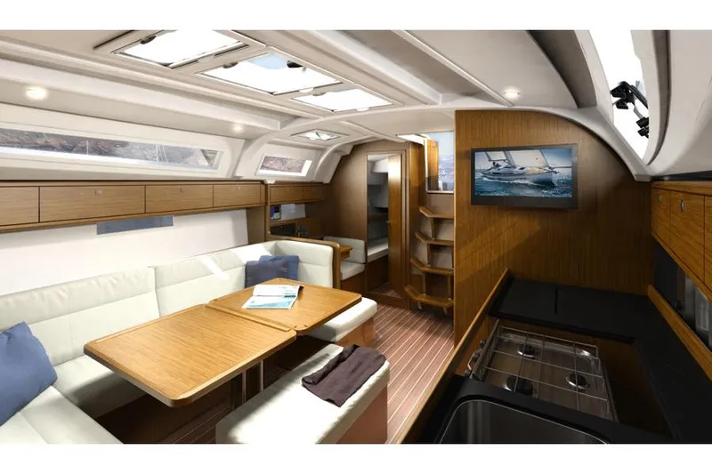 Slide: The Image of Bavaria Cruiser 41 sailboat bow with furler, 2016 model, on calm water. - 6