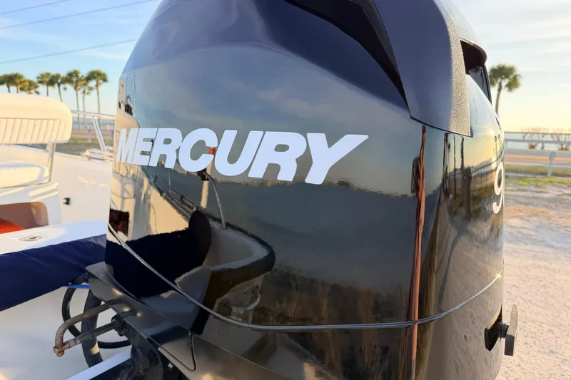 Slide: The Image of Mercury engine on a 2010 Boston Whaler 170 Montauk boat, sunny day background. - 13