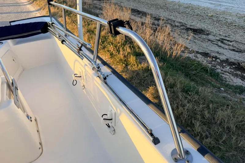 Slide: The Image of 2010 Boston Whaler 170 Montauk interior with stainless steel railing, near grassy shoreline. - 45