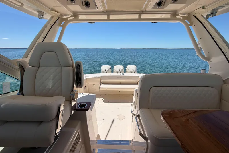 Slide: The Image of Interior view of 2026 Grady-White Express 340 boat overlooking the ocean. - 24