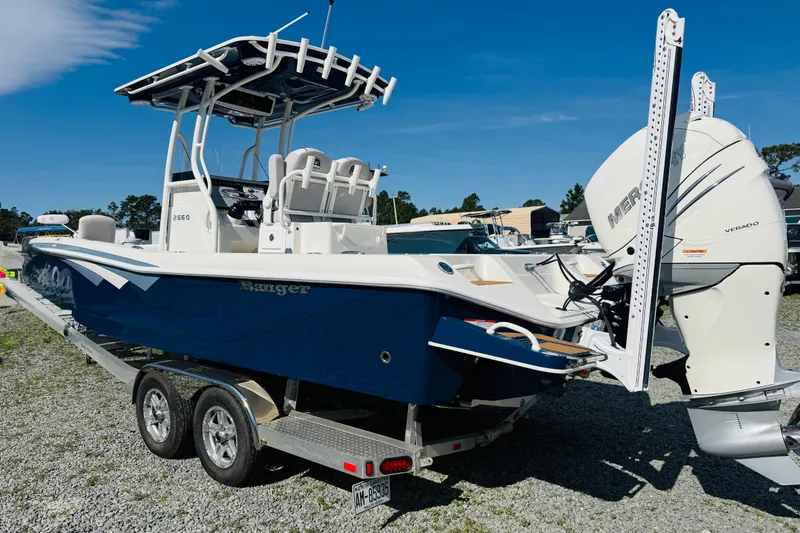 Slide: The Image of 2022 Ranger 2660 Bay boat on trailer with Mercury Verado engine. - 4