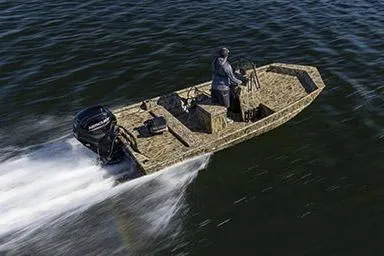 Slide: The Image of Manufacturer Provided Image: 2026 Crestliner 1870 Retriever FCC boat speeding on water, featuring camouflage design. - 3