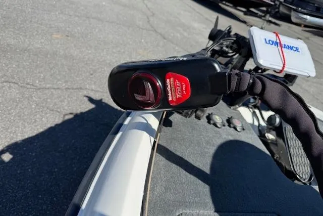 Slide: The Image of Close-up of a 2004 Triton Tr-186 SC boat's trolling motor and Lowrance fish finder. - 13