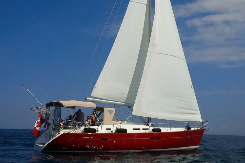 Slide: The Image of Sailing yacht Beneteau Oceanis Clipper 423, 2005 model, with white sails on open water. - 5