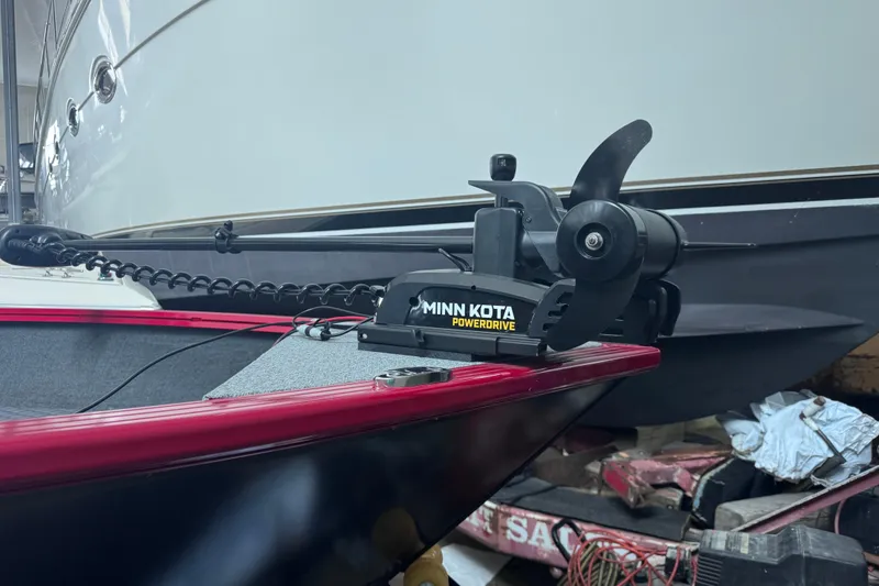 Slide: The Image of 2026 Starweld 18 SXT boat with Minn Kota PowerDrive trolling motor in a garage. - 30