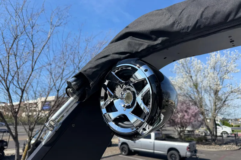 Slide: The Image of 2025 MB B52 25 Alpha boat speaker with chrome finish against a clear blue sky. - 36