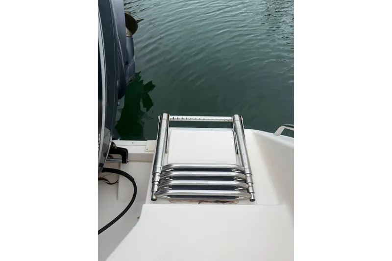 Slide: The Image of Stainless steel ladder on 2015 Grady-White Freedom 335 boat by the water. - 4