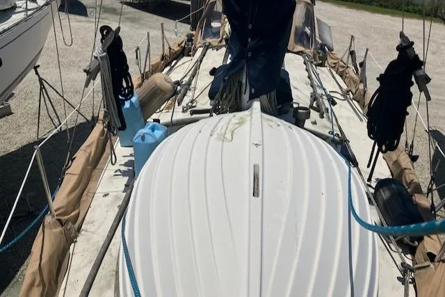 Slide: The Image of 1979 Bristol Channel Cutter sailboat deck with rigging and equipment. - 8